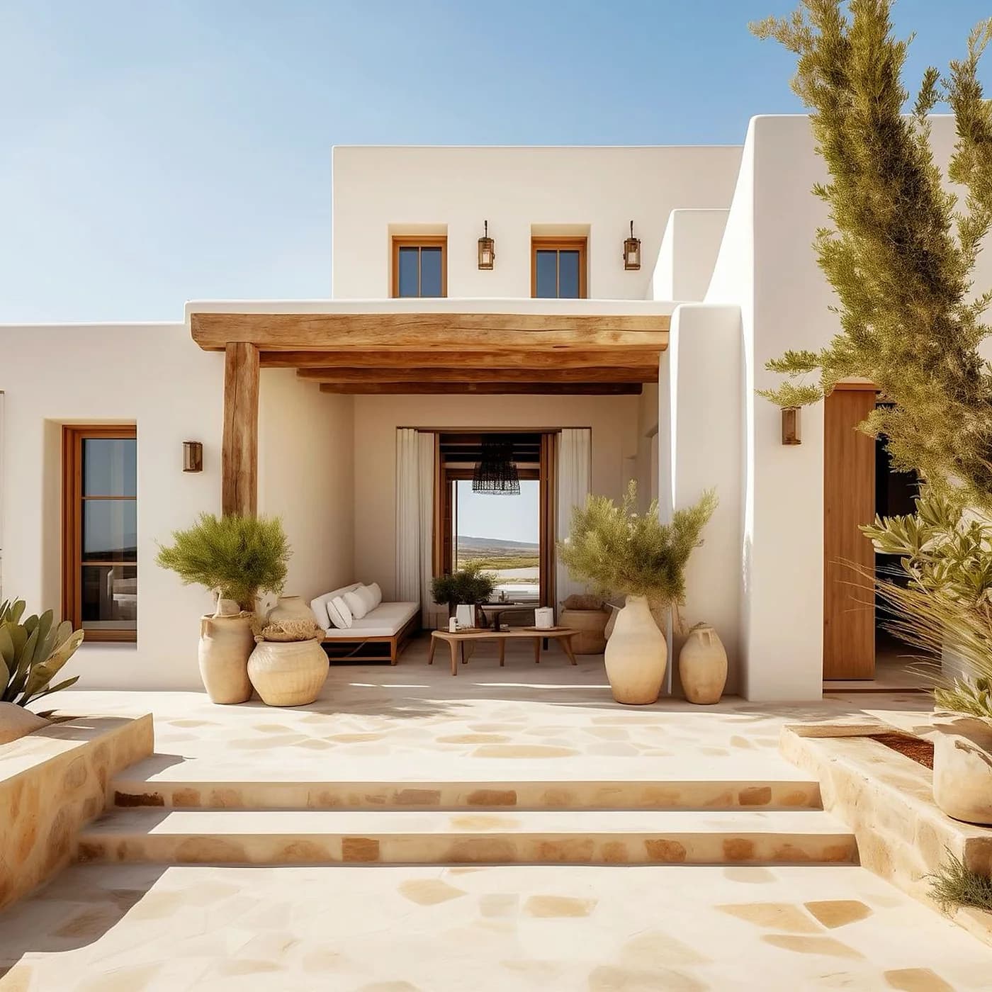 A white stucco home with a timber-beamed entry, olive trees and a stone courtyard