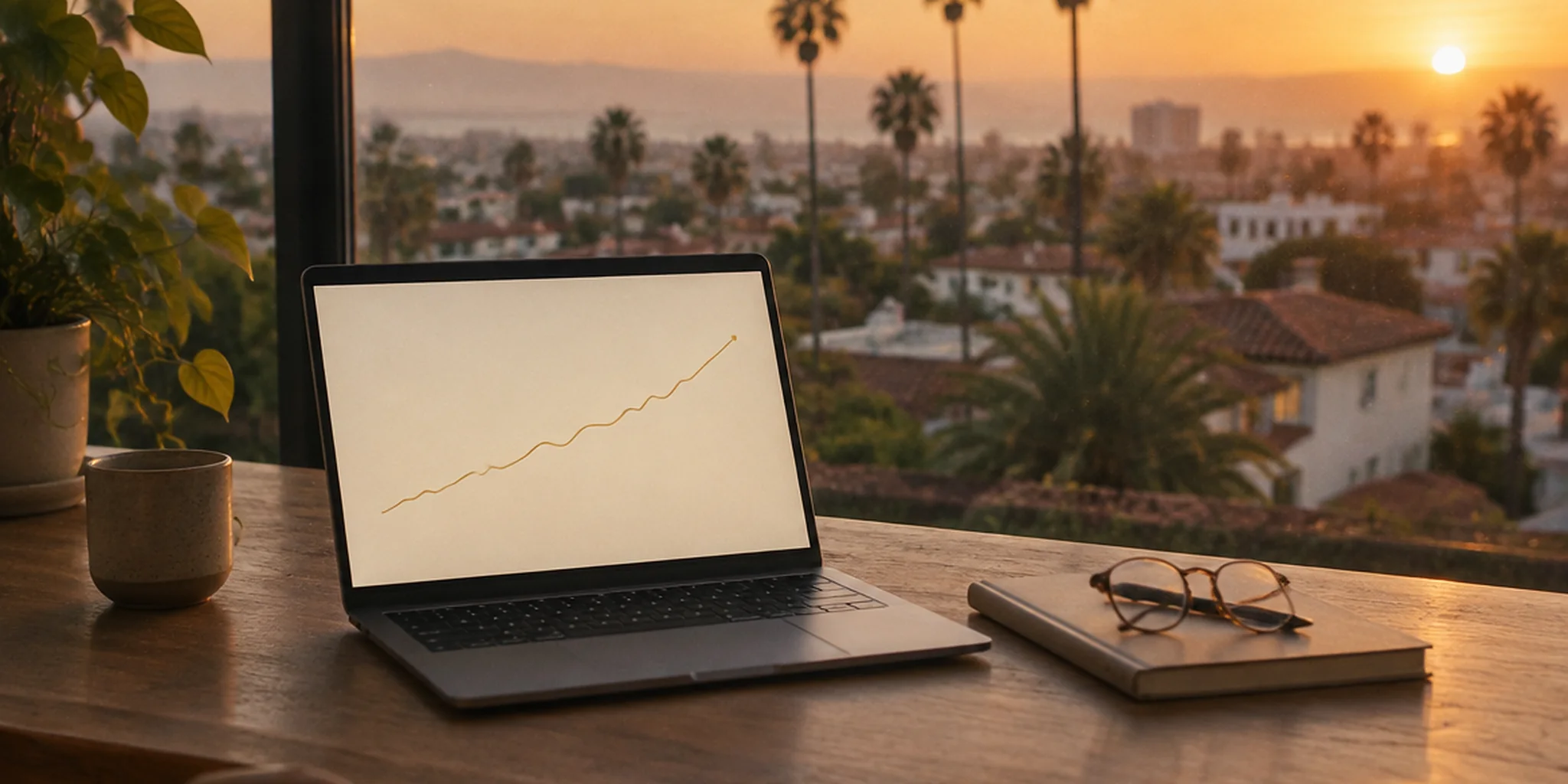 A laptop open on a desk at sunset, a simple unlabelled line chart on screen, Southern California rooftops and palms beyond the window