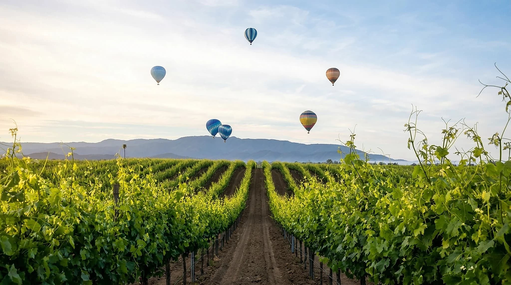 Hot air balloons over vineyard rows at dawn in Temecula wine country